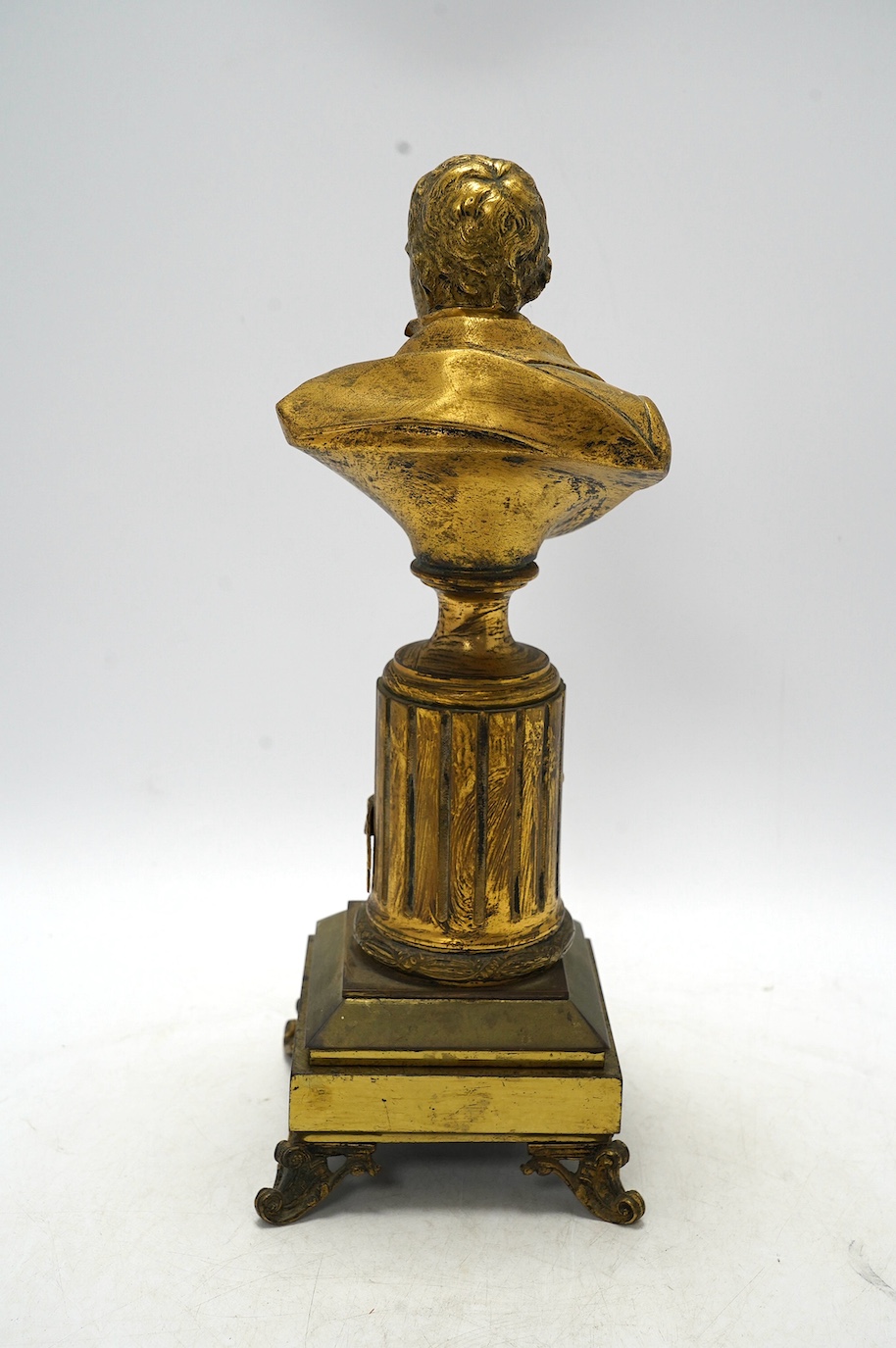 An early 20th century gilt metal bust of Sir Walter Scott on pedestal, 34cm. Condition - fair to good